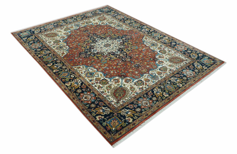 Premium Fine Had Knotted Floral Rust, Ivory and Blue Traditional Heriz 8x10 wool area rug - The Rug Decor