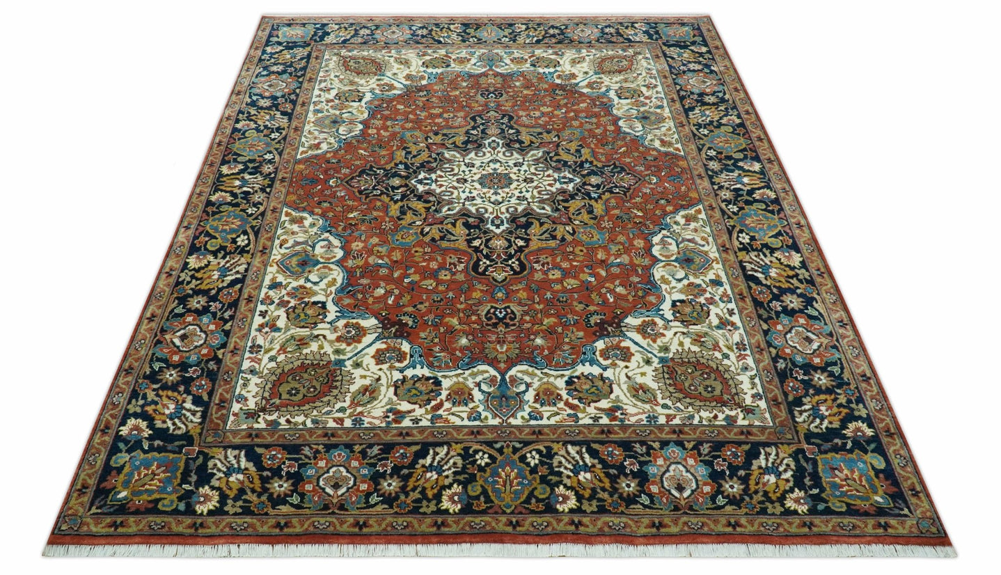 Premium Fine Had Knotted Floral Rust, Ivory and Blue Traditional Heriz 8x10 wool area rug - The Rug Decor