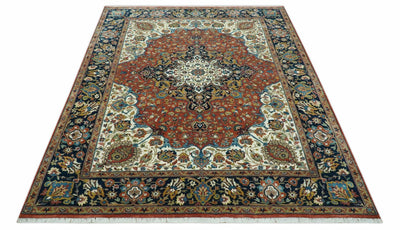 Premium Fine Had Knotted Floral Rust, Ivory and Blue Traditional Heriz 8x10 wool area rug - The Rug Decor