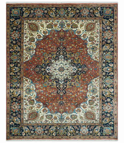 Premium Fine Had Knotted Floral Rust, Ivory and Blue Traditional Heriz 8x10 wool area rug - The Rug Decor