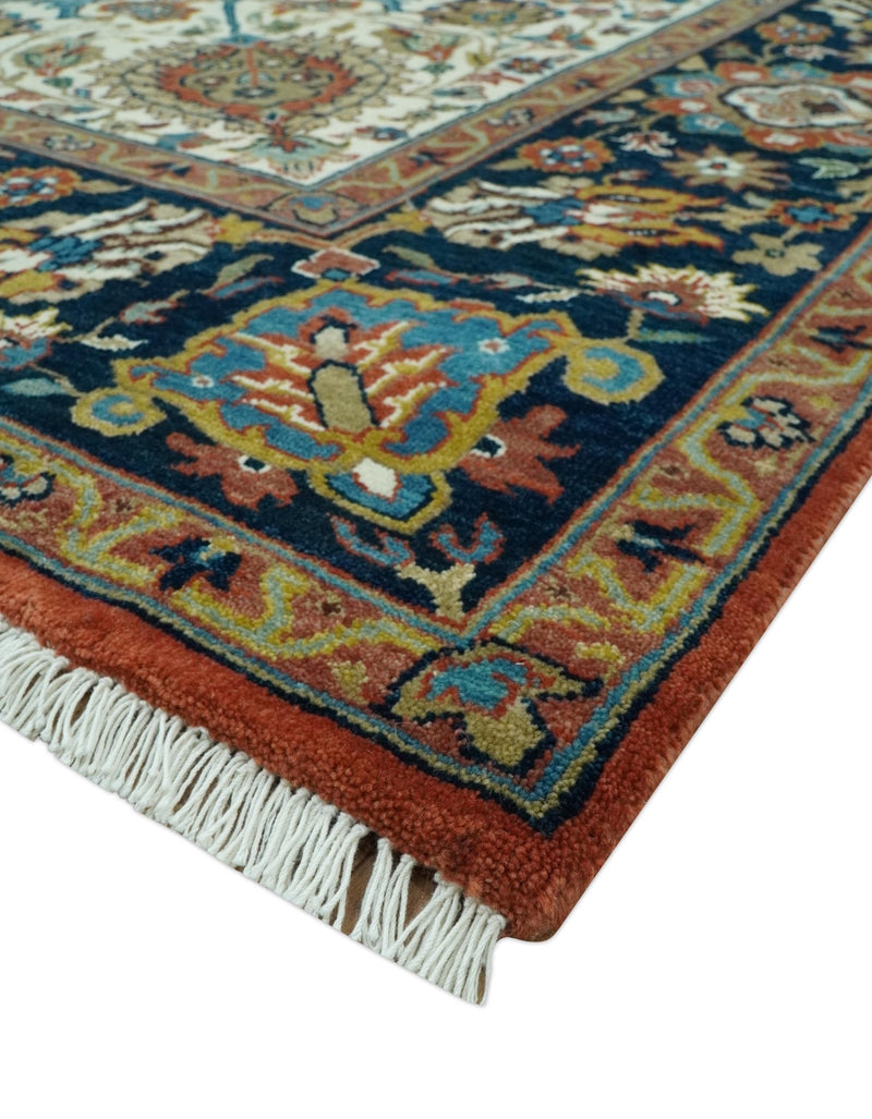 Premium Fine Had Knotted Floral Rust, Ivory and Blue Traditional Heriz 8x10 wool area rug - The Rug Decor