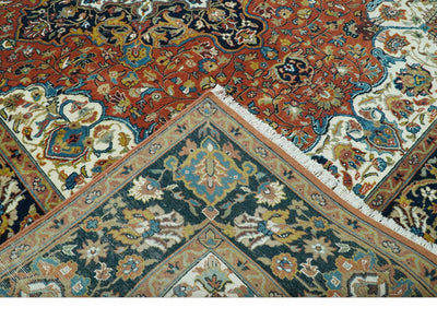 Premium Fine Had Knotted Floral Rust, Ivory and Blue Traditional Heriz 8x10 wool area rug - The Rug Decor