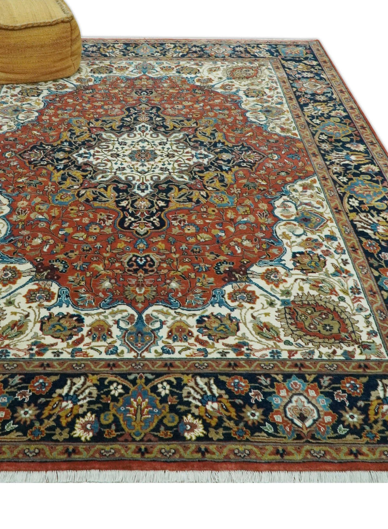 Premium Fine Had Knotted Floral Rust, Ivory and Blue Traditional Heriz 8x10 wool area rug - The Rug Decor