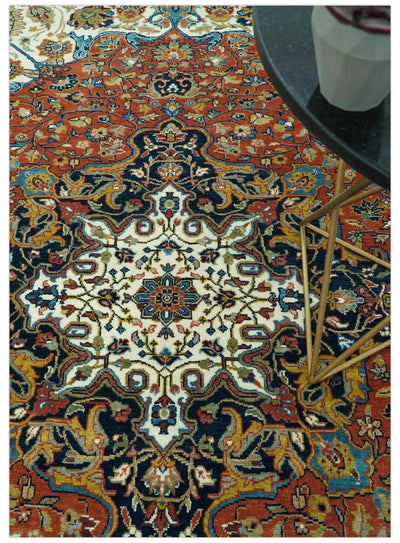 Premium Fine Had Knotted Floral Rust, Ivory and Blue Traditional Heriz 8x10 wool area rug - The Rug Decor