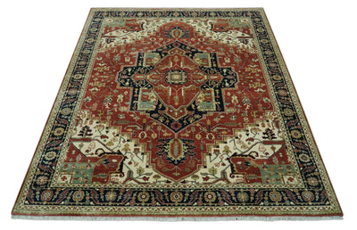 Premium Fine Hand knotted 8x10 Brown, Blue and Ivory Traditional wool Area Rug - The Rug Decor