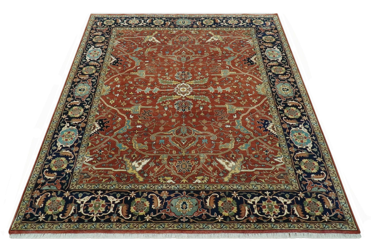 Premium Fine Rust and Blue 8x10 Hand Knotted Oriental wool area rug - The Rug Decor