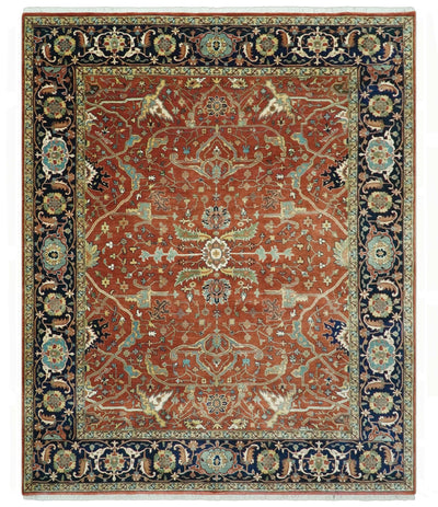 Premium Fine Rust and Blue 8x10 Hand Knotted Oriental wool area rug - The Rug Decor