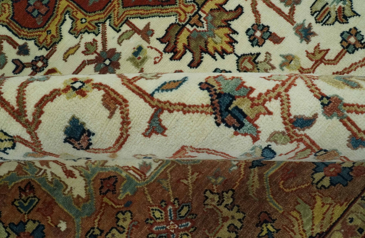 Premium Ivory, Rust and Brown 8x10 fine Hand knotted Traditional Heriz Wool Area Rug - The Rug Decor