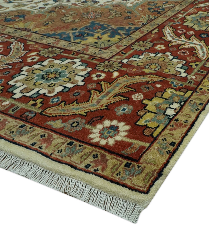 Premium Ivory, Rust and Brown 8x10 fine Hand knotted Traditional Heriz Wool Area Rug - The Rug Decor