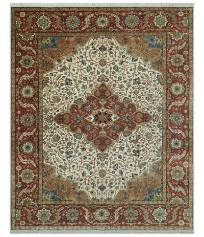 Premium Ivory, Rust and Brown 8x10 fine Hand knotted Traditional Heriz Wool Area Rug - The Rug Decor