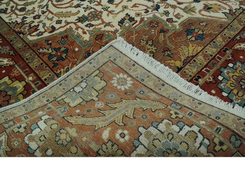 Premium Ivory, Rust and Brown 8x10 fine Hand knotted Traditional Heriz Wool Area Rug - The Rug Decor