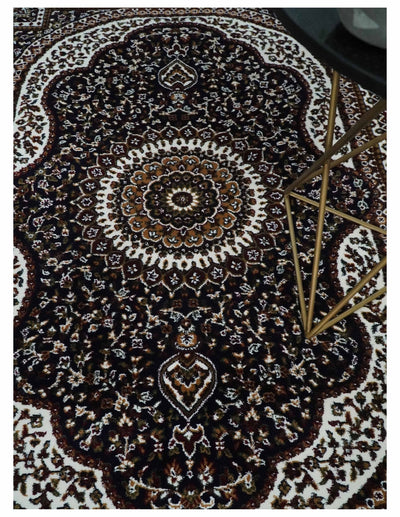 Premium Look 5x7 Black, Ivory and Brown Heriz Medallion Pattern Area Rug - The Rug Decor