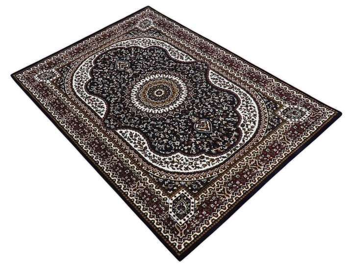 Premium Look 5x7 Black, Ivory and Brown Heriz Medallion Pattern Area Rug - The Rug Decor