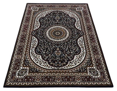 Premium Look 5x7 Black, Ivory and Brown Heriz Medallion Pattern Area Rug - The Rug Decor