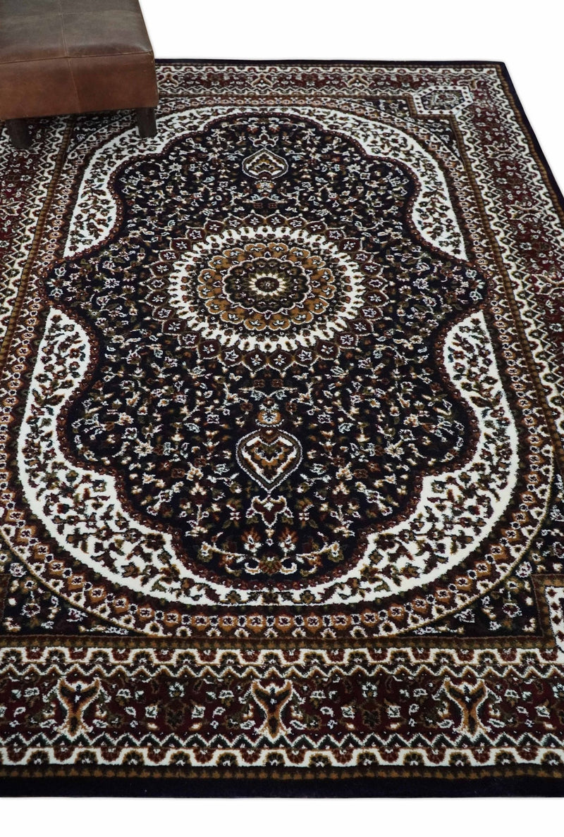 Premium Look 5x7 Black, Ivory and Brown Heriz Medallion Pattern Area Rug - The Rug Decor