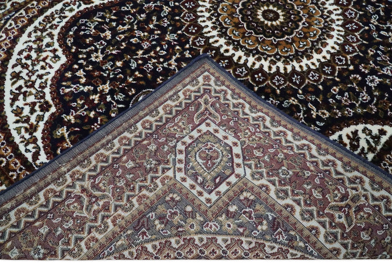 Premium Look 5x7 Black, Ivory and Brown Heriz Medallion Pattern Area Rug - The Rug Decor