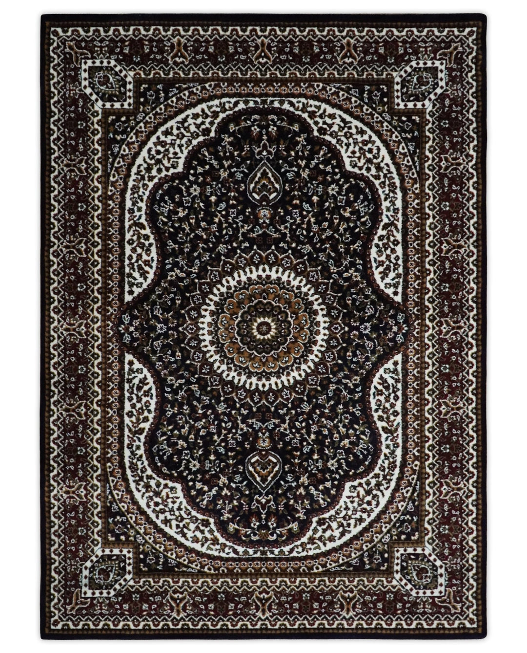 Premium Look 5x7 Black, Ivory and Brown Heriz Medallion Pattern Area Rug - The Rug Decor