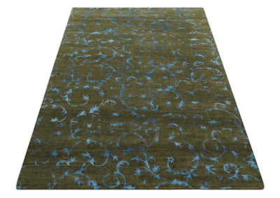 Premium look Antique Style Olive and Blue Hand loom 6x9 wool and Art Silk Area Rug - The Rug Decor