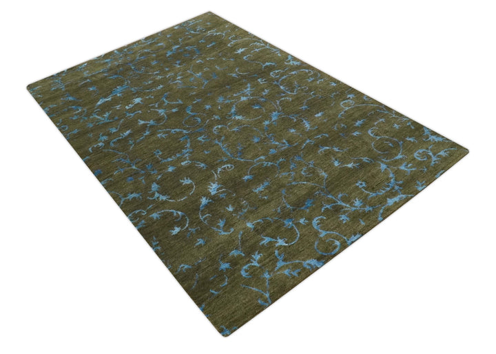 Premium look Antique Style Olive and Blue Hand loom 6x9 wool and Art Silk Area Rug - The Rug Decor