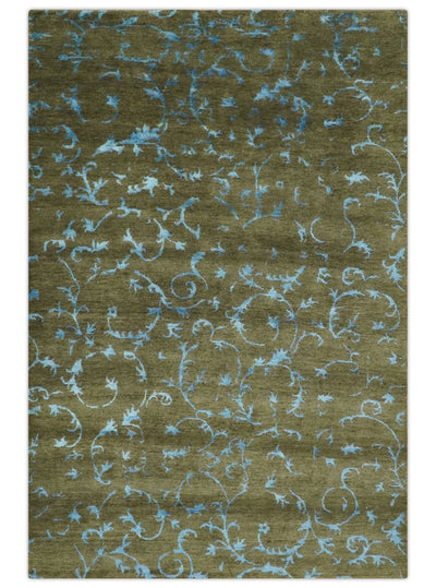 Premium look Antique Style Olive and Blue Hand loom 6x9 wool and Art Silk Area Rug - The Rug Decor