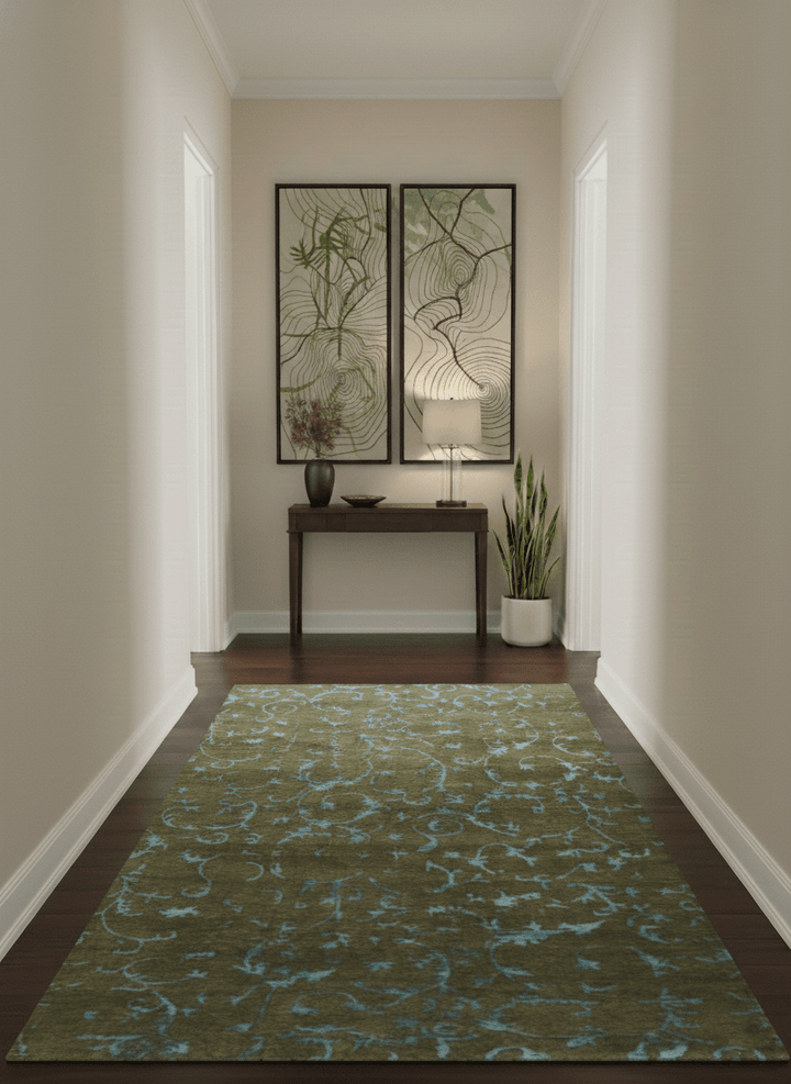 Premium look Antique Style Olive and Blue Hand loom 6x9 wool and Art Silk Area Rug - The Rug Decor