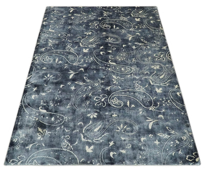 Premium look Charcoal, Ivory and Silver Hand loom Traditional Boteh Design Wool and Viscose Area Rug - The Rug Decor