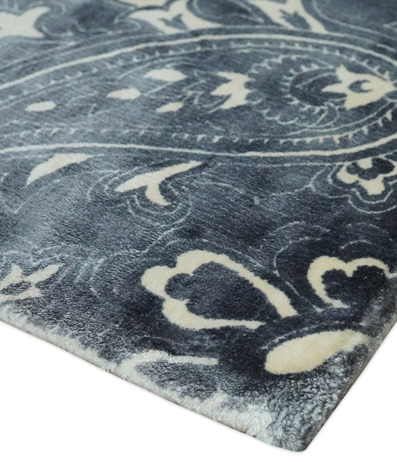 Premium look Charcoal, Ivory and Silver Hand loom Traditional Boteh Design Wool and Viscose Area Rug - The Rug Decor