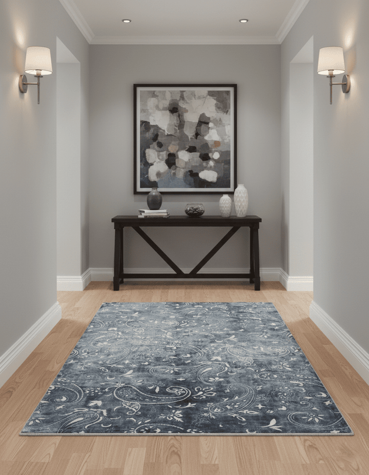 Premium look Charcoal, Ivory and Silver Hand loom Traditional Boteh Design Wool and Viscose Area Rug - The Rug Decor