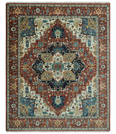 Premium look Fine Hand Knotted Rust, Ivory and Beige Traditional Heriz 8x10 wool rug - The Rug Decor