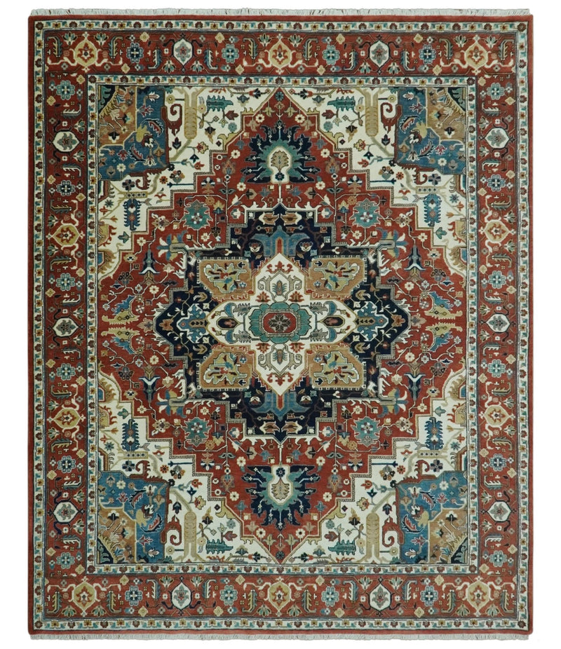 Premium look Fine Hand Knotted Rust, Ivory and Beige Traditional Heriz 8x10 wool rug - The Rug Decor