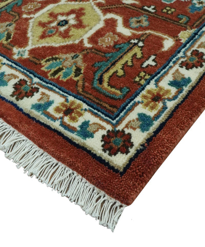 Premium look Fine Hand Knotted Rust, Ivory and Beige Traditional Heriz 8x10 wool rug - The Rug Decor