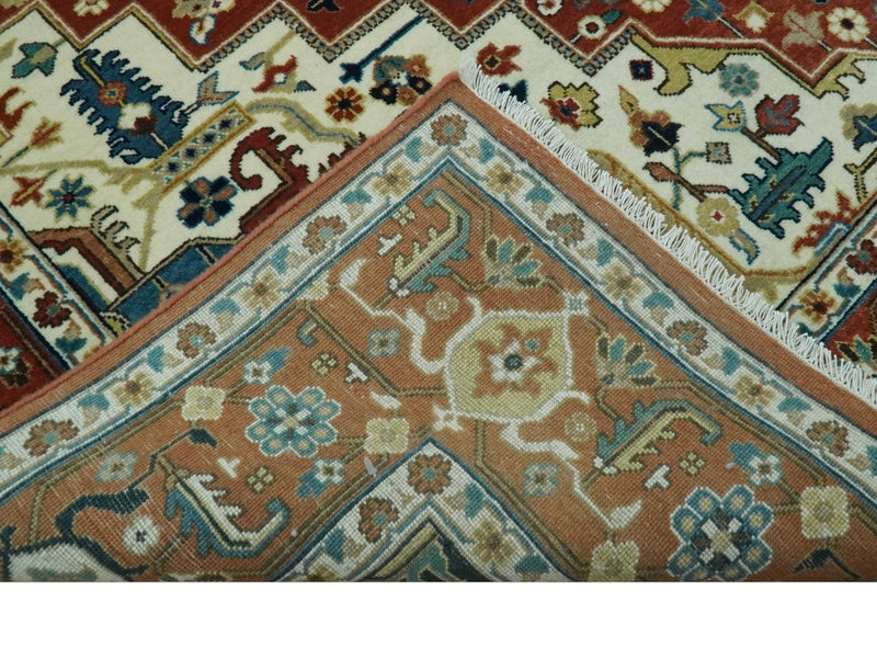 Premium look Fine Hand Knotted Rust, Ivory and Beige Traditional Heriz 8x10 wool rug - The Rug Decor