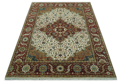 Premium Look Ivory, Rust and Brown Fine Hand knotted 8x10 Traditional Wool Area Rug - The Rug Decor