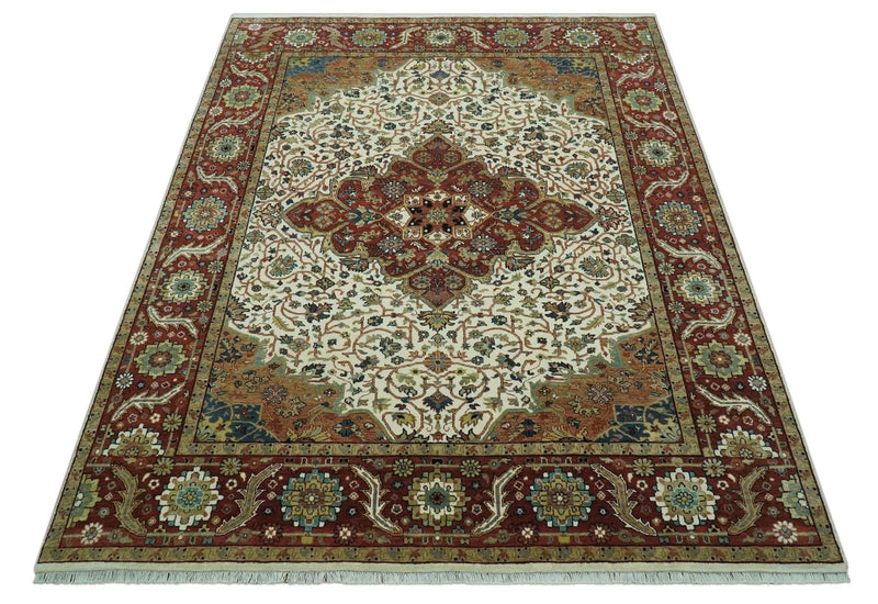 Premium Look Ivory, Rust and Brown Fine Hand knotted 8x10 Traditional Wool Area Rug - The Rug Decor