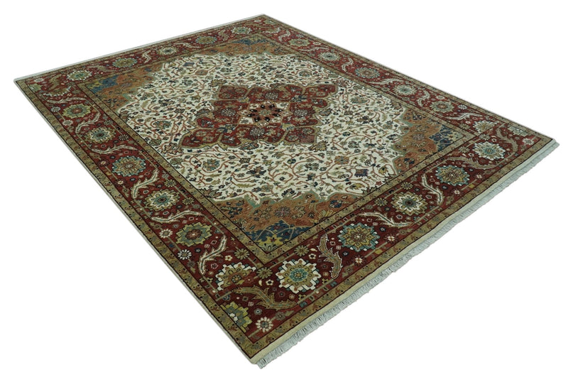 Premium Look Ivory, Rust and Brown Fine Hand knotted 8x10 Traditional Wool Area Rug - The Rug Decor