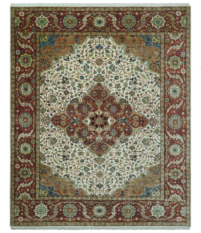 Premium Look Ivory, Rust and Brown Fine Hand knotted 8x10 Traditional Wool Area Rug - The Rug Decor