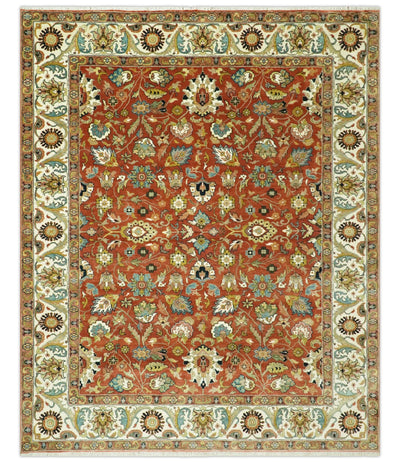 Premium look Rust and Ivory Traditional Floral Fine Hand knotted 8x10 wool area rug - The Rug Decor