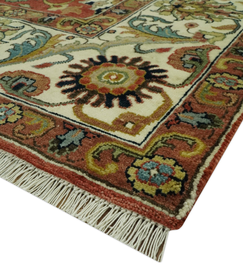 Premium look Rust and Ivory Traditional Floral Fine Hand knotted 8x10 wool area rug - The Rug Decor