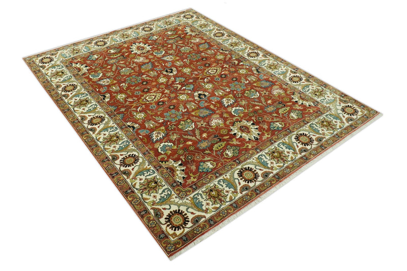 Premium look Rust and Ivory Traditional Floral Fine Hand knotted 8x10 wool area rug - The Rug Decor