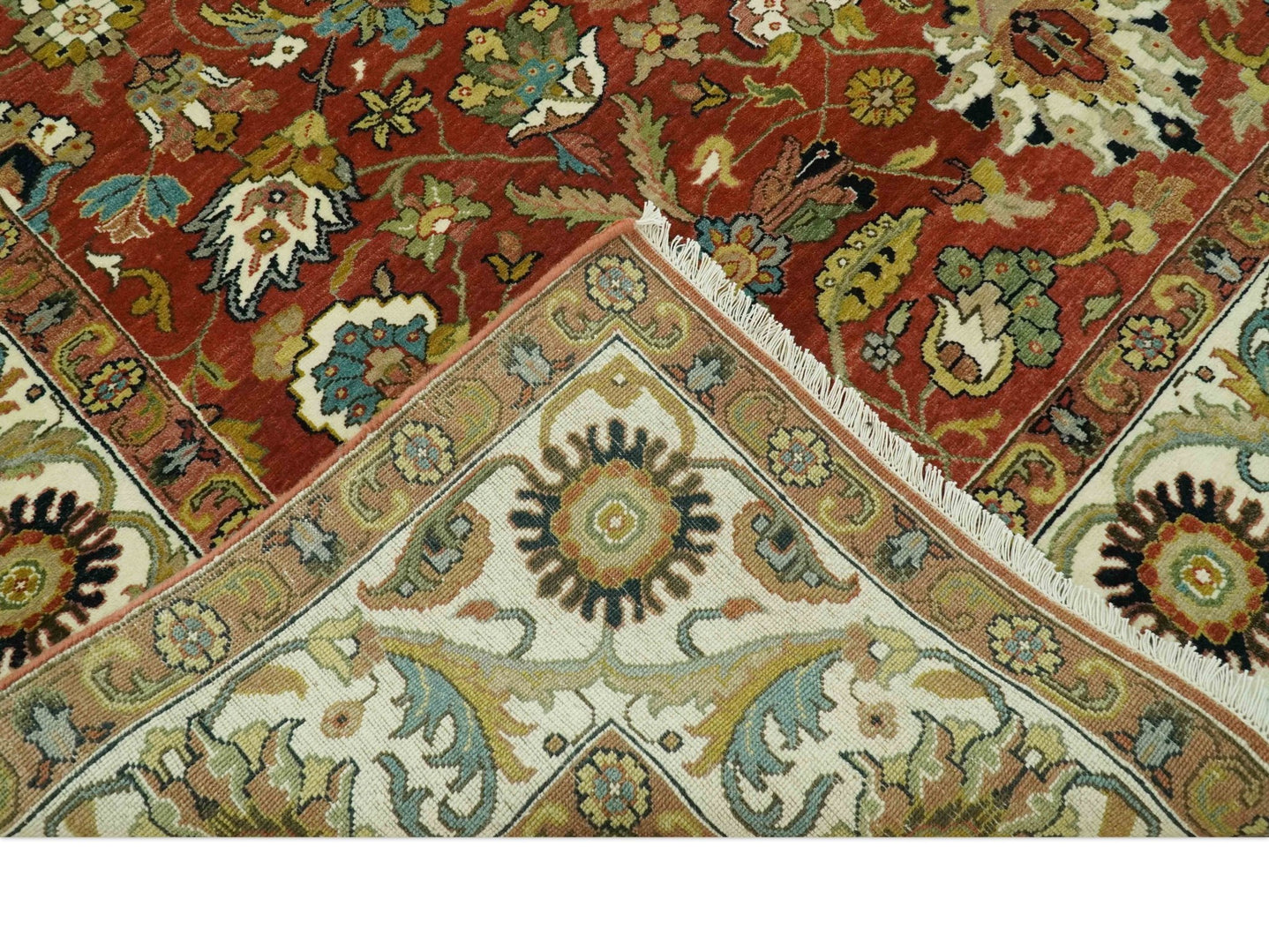 Premium look Rust and Ivory Traditional Floral Fine Hand knotted 8x10 wool area rug - The Rug Decor