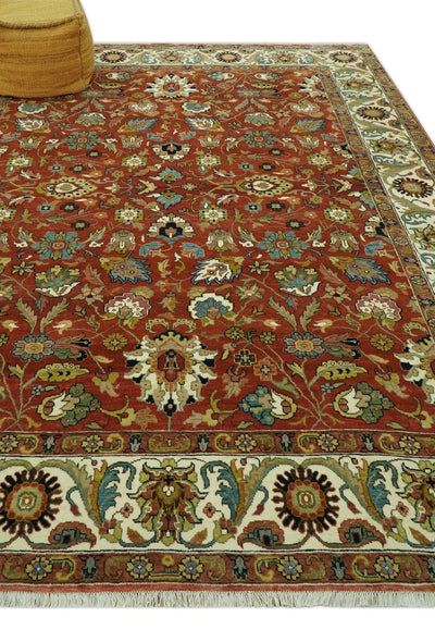 Premium look Rust and Ivory Traditional Floral Fine Hand knotted 8x10 wool area rug - The Rug Decor