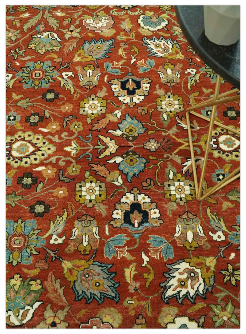 Premium look Rust and Ivory Traditional Floral Fine Hand knotted 8x10 wool area rug - The Rug Decor