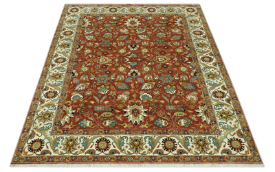 Premium look Rust and Ivory Traditional Floral Fine Hand knotted 8x10 wool area rug - The Rug Decor