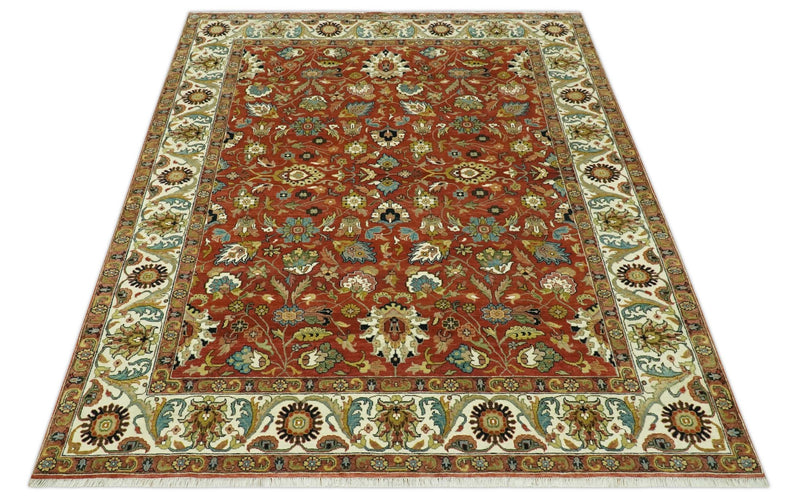 Premium look Rust and Ivory Traditional Floral Fine Hand knotted 8x10 wool area rug - The Rug Decor