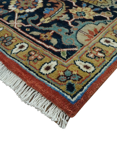 Premium look Rust, Blue and Olive 8x10 Fine Hand Knotted Traditional Heriz wool area rug - The Rug Decor