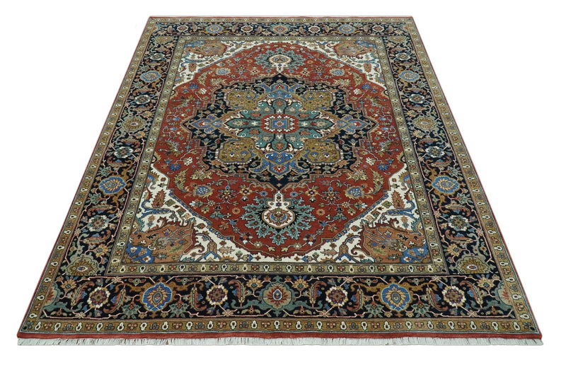 Premium look Rust, Blue and Olive 8x10 Fine Hand Knotted Traditional Heriz wool area rug - The Rug Decor