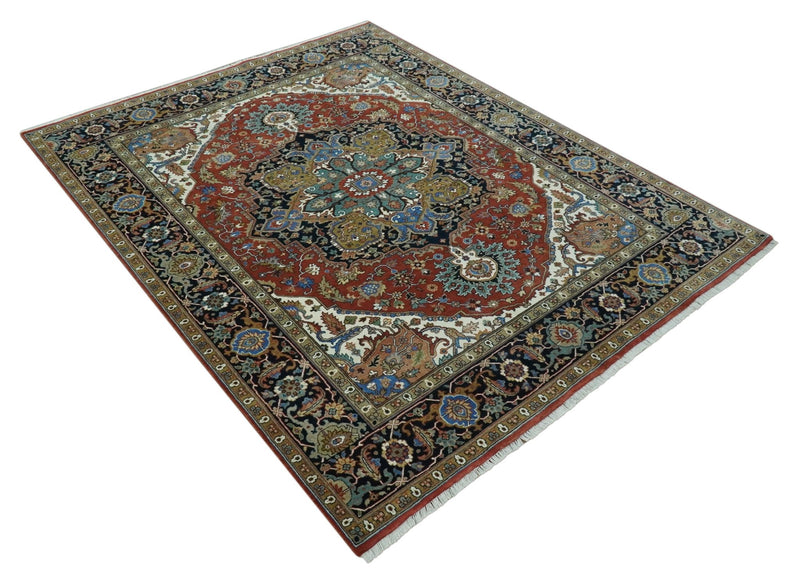 Premium look Rust, Blue and Olive 8x10 Fine Hand Knotted Traditional Heriz wool area rug - The Rug Decor