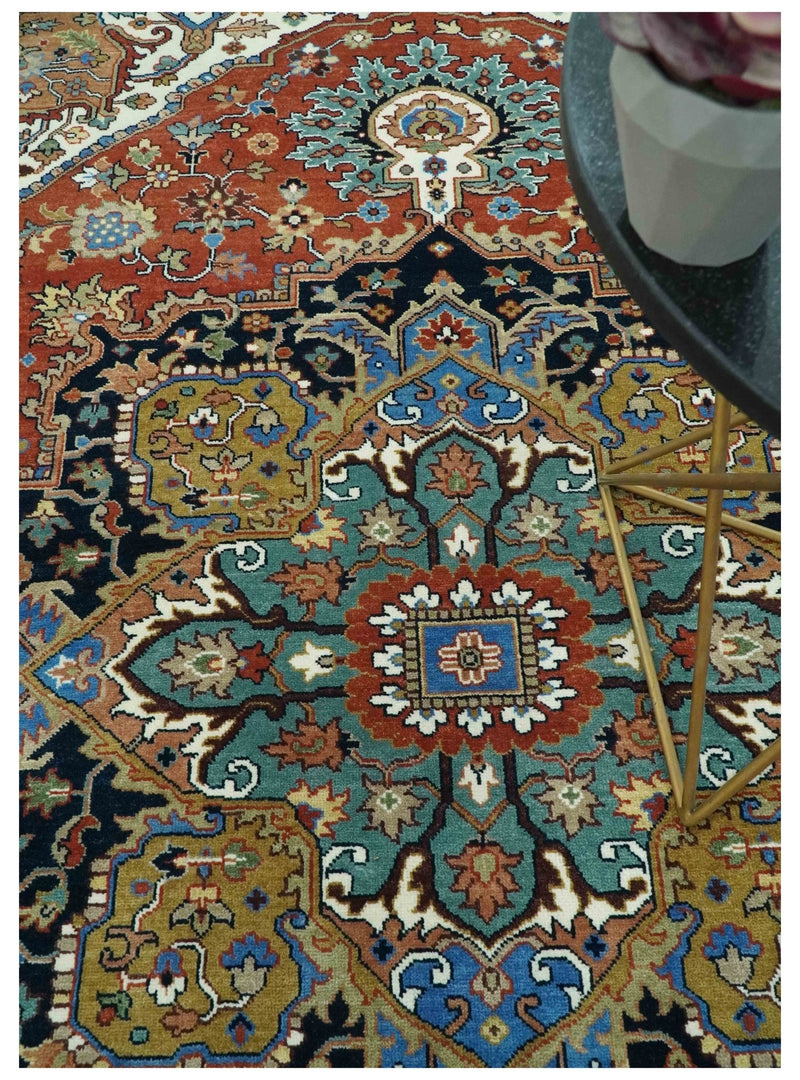 Premium look Rust, Blue and Olive 8x10 Fine Hand Knotted Traditional Heriz wool area rug - The Rug Decor