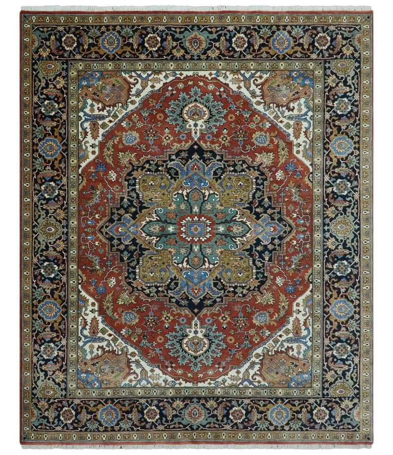 Premium look Rust, Blue and Olive 8x10 Fine Hand Knotted Traditional Heriz wool area rug - The Rug Decor