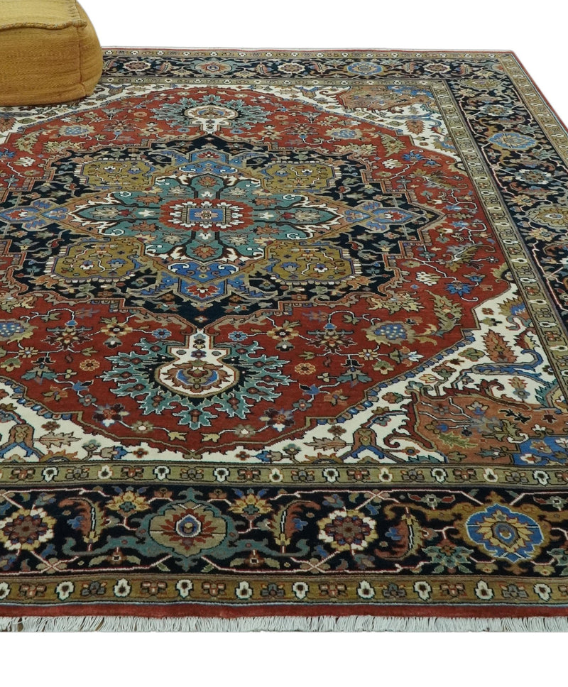 Premium look Rust, Blue and Olive 8x10 Fine Hand Knotted Traditional Heriz wool area rug - The Rug Decor